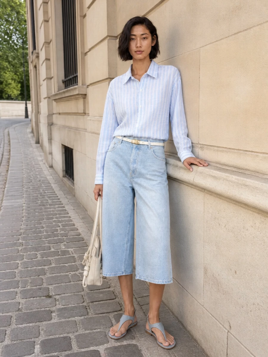 Haikure denim bermuda oversized blue shirt outfit