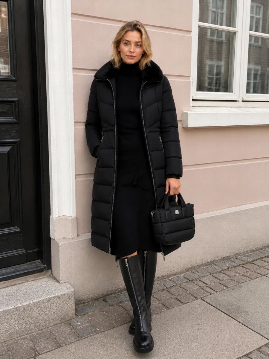 I’m anchoring this with the knit dress path, not a separate top and skirt, to keep the line long and uninterrupted under your Moose Knuckles puffer. The Parosh black turtleneck midi, Moschino lugged knee boots and compact Moncler padded tote create a monochrome, hardware-linked winter ensemble that feels sharp, practical and quietly powerful on cold urban days. It is all about a clean vertical silhouette that lets the coat’s fur collar and silver zips stay hero without competing volumes beneath.