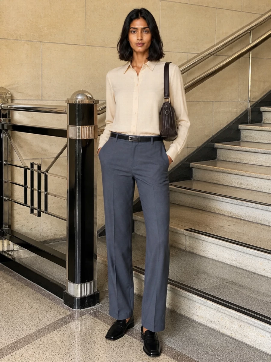 Lemaire trousers cream shirt black loafers