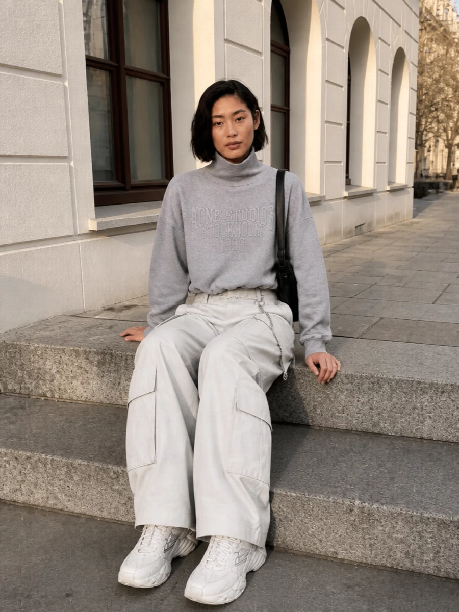 Acne grey cargo pants sweatshirt sneakers