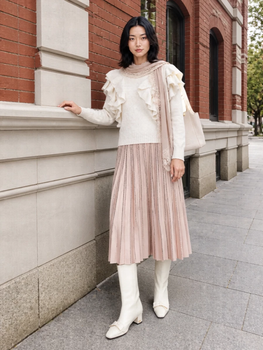 Elisabetta franchi ivory sweater pleated midi outfit