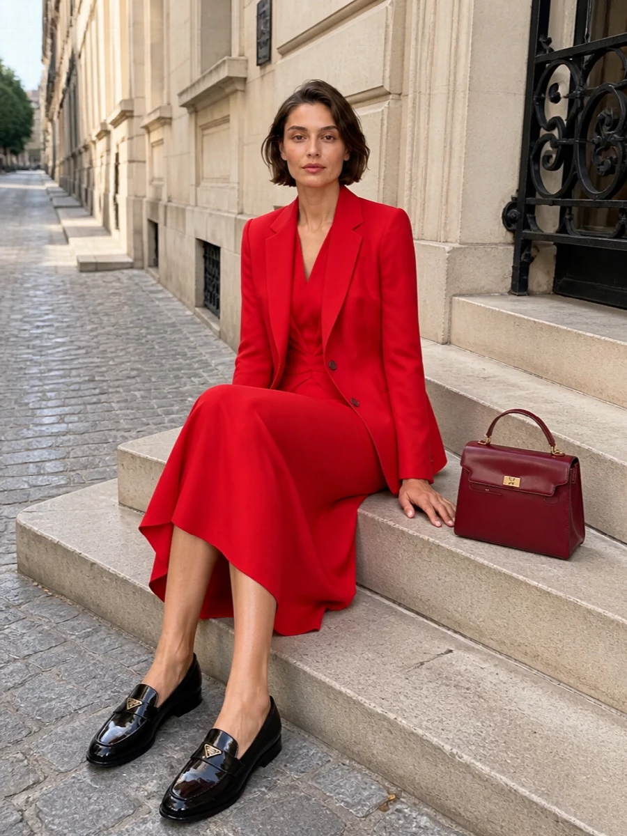 Paul smith red blazer victoria beckham dress outfit
