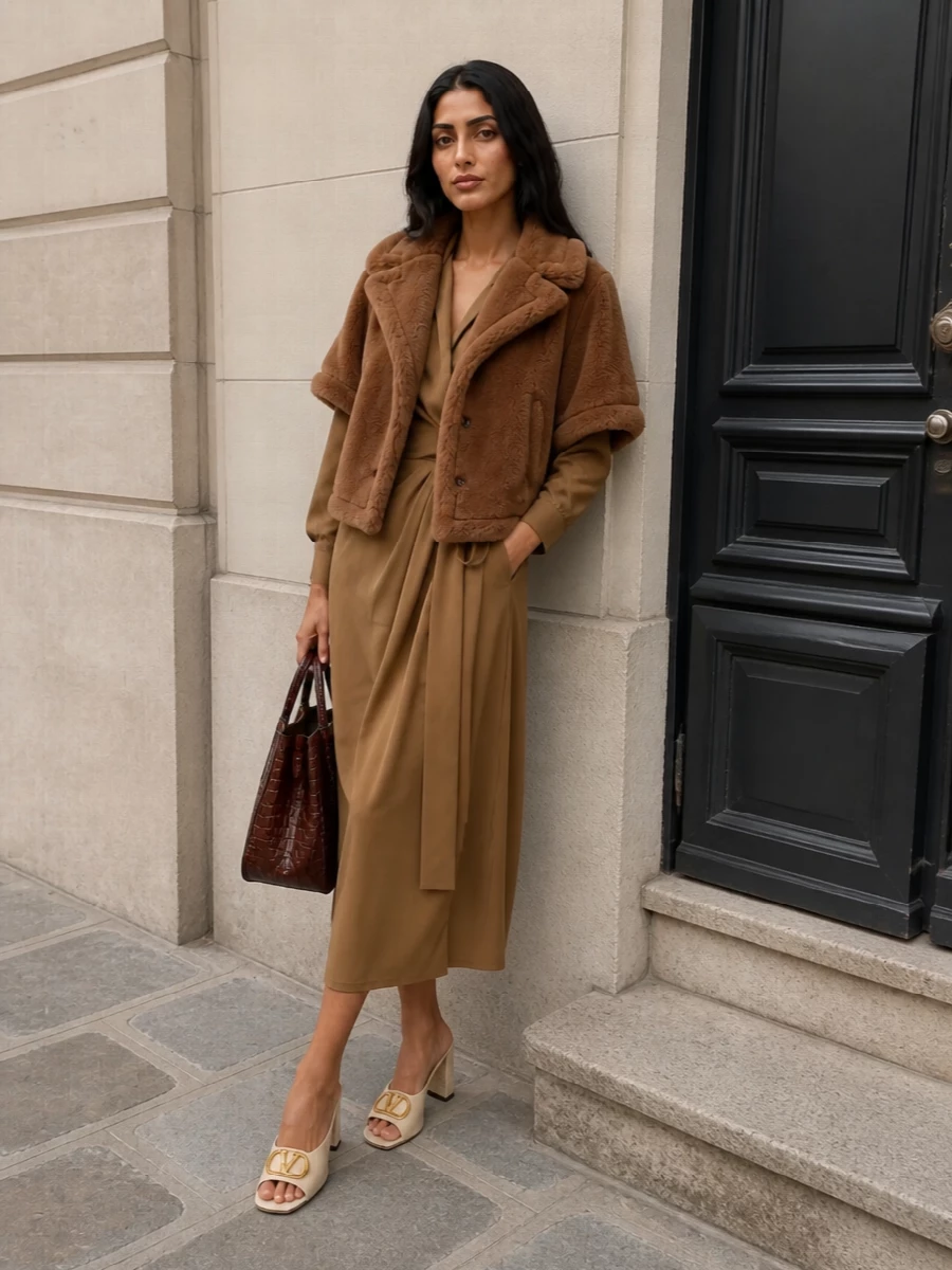 Max mara camel teddy coat wrap midi dress outfit