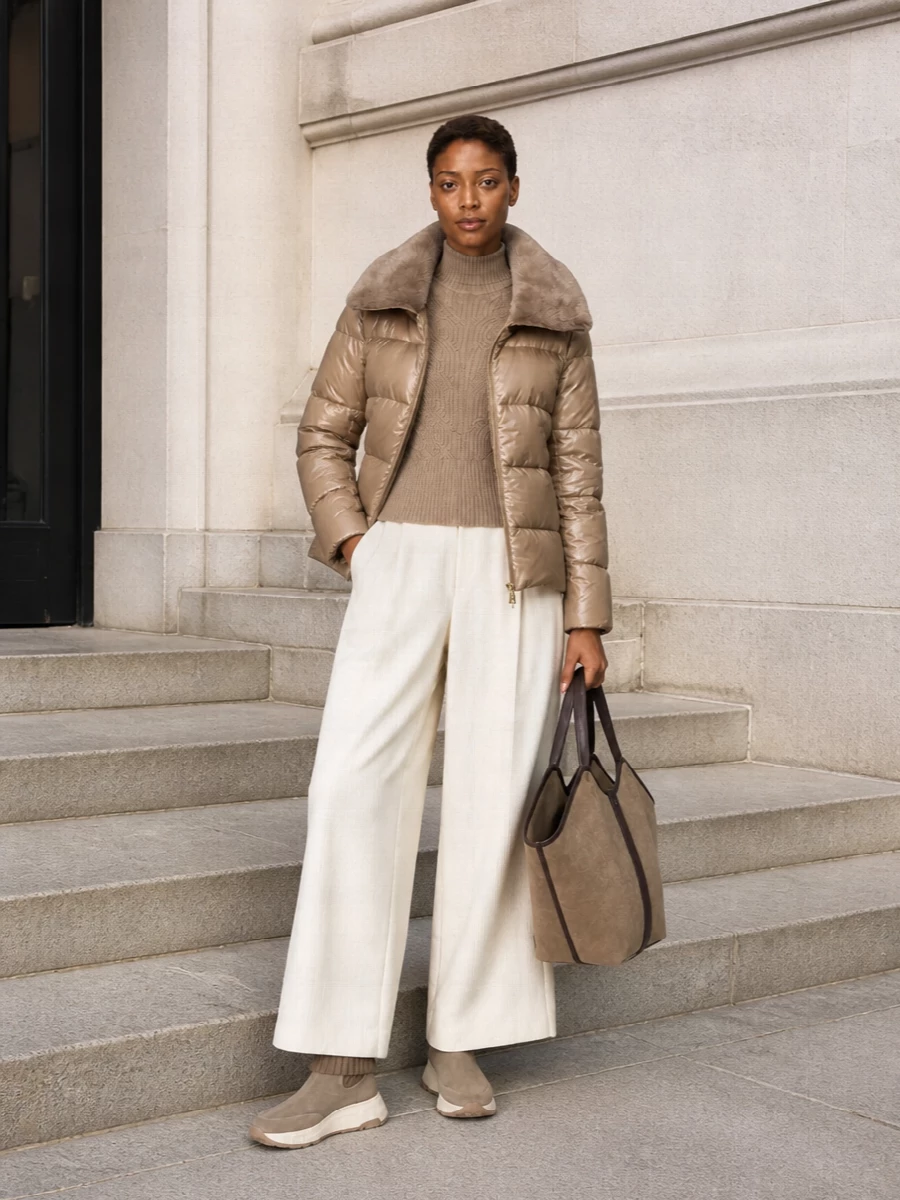 Herno taupe puffer cream wide leg trousers outfit
