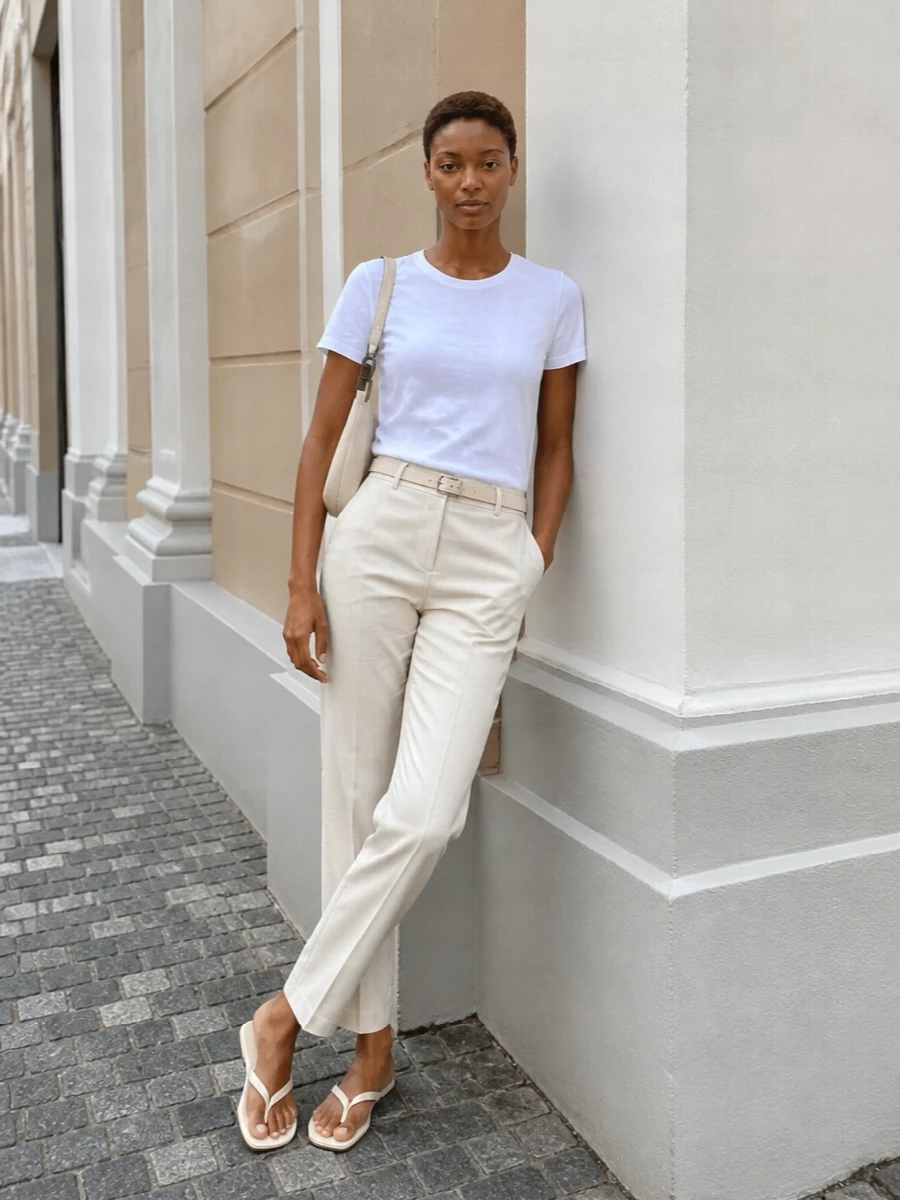 Toteme ivory trousers white tee cream slides