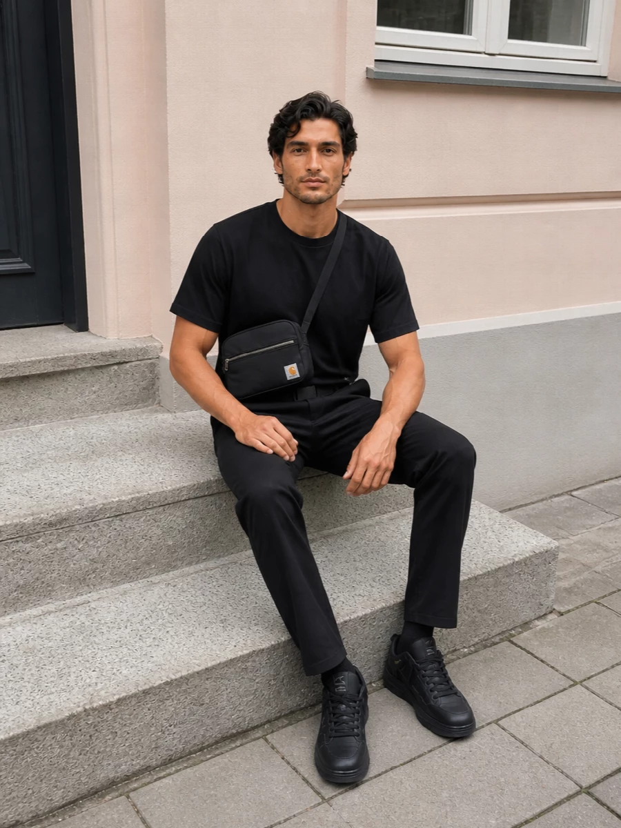 A strict black-on-black Carhartt WIP base keeps everything clean, graphic and grounded in workwear. Straight lines on top and bottom give a boxy, modern profile, while the premium skate sneaker and subtle webbing belt add quiet texture instead of contrast. The compact crossbody is the practical hit that finishes it off without disturbing the minimal rhythm.