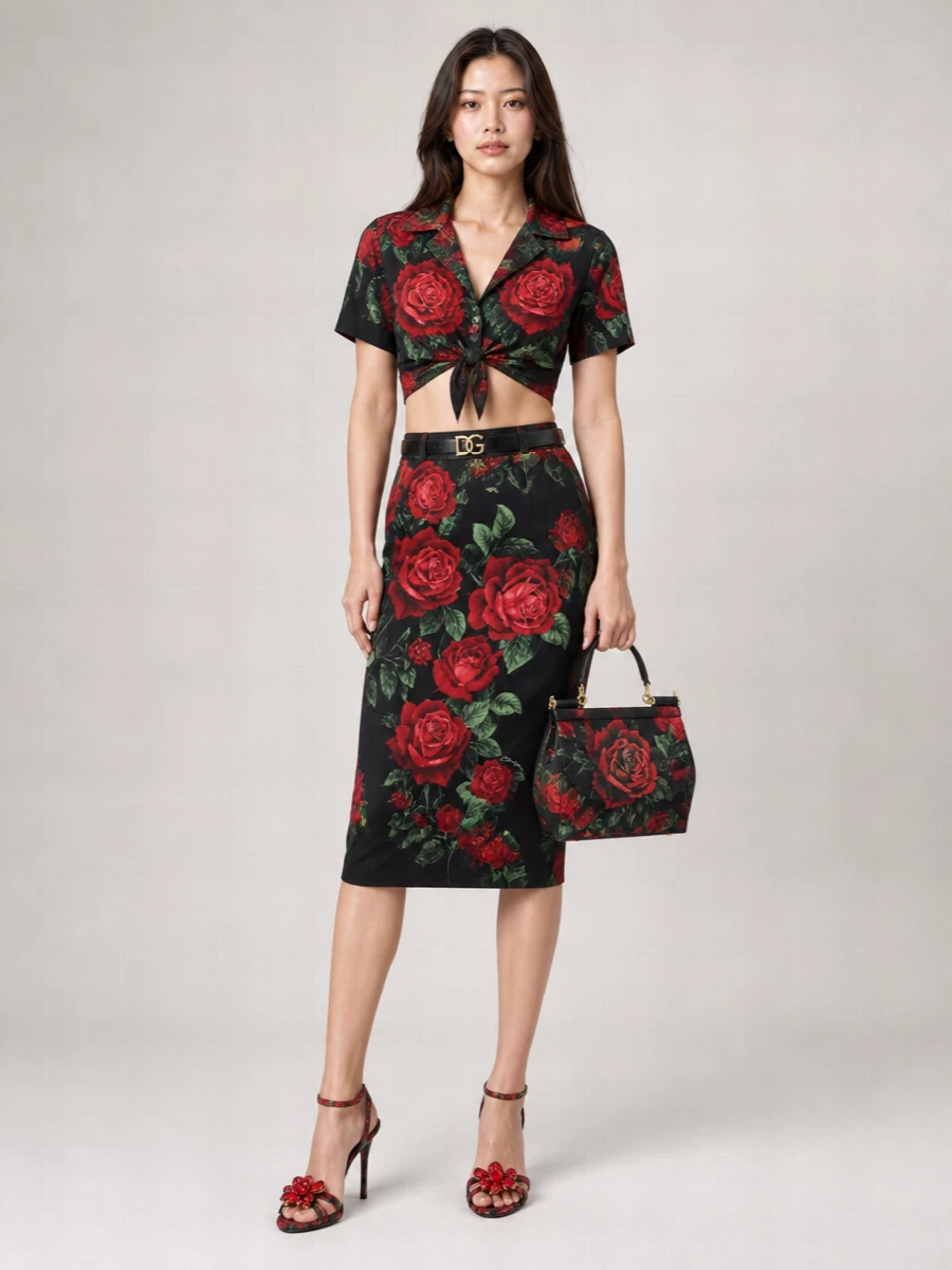 Dolce&Gabbana Rose-Print Cropped Short-Sleeve Shirt