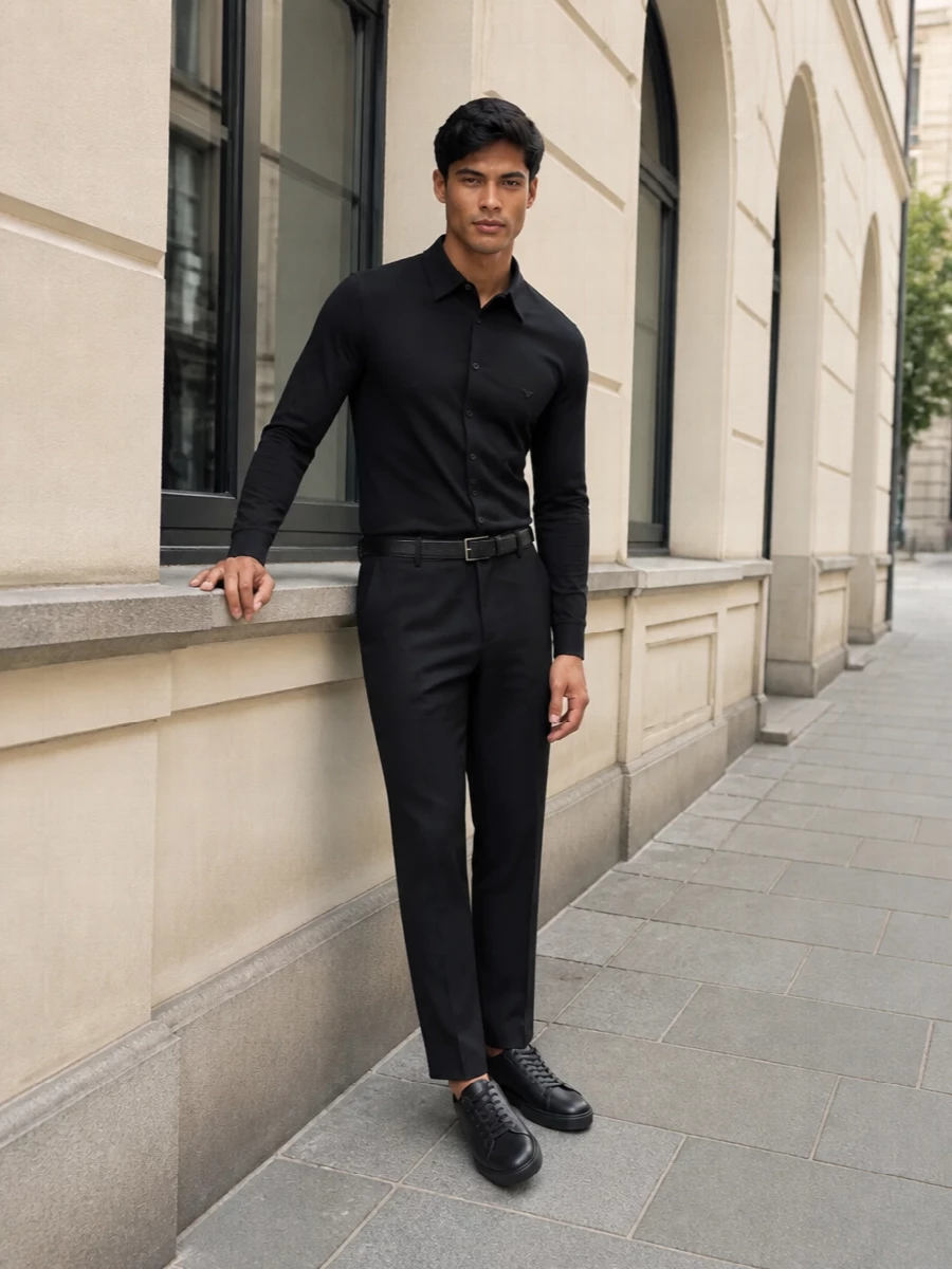 Emporio armani black shirt tailored trousers outfit