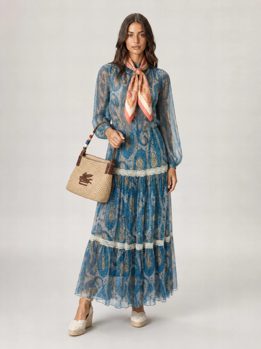 Etro Silk Paisley-Print Lace-Insert Maxi Skirt