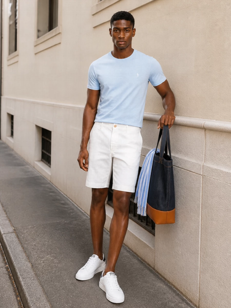 Pale blue, white and soft neutrals keep this outfit fresh and coastal, like a cleaner take on classic East Coast prep. The tailored chino short and crisp court sneakers add just enough structure to balance the relaxed tee. A dark denim tote and fine striped scarf ground the light colours and give it quiet city-ready energy.