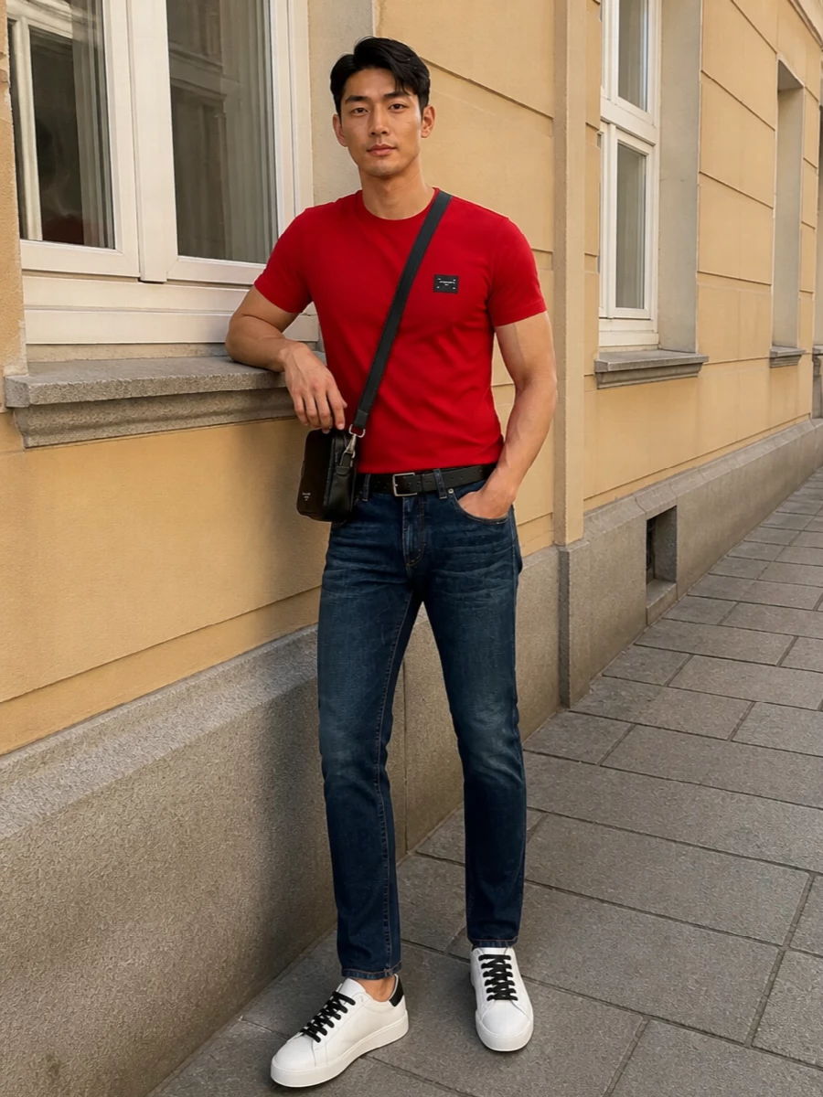 Dolce gabbana red tee dark jeans sneakers