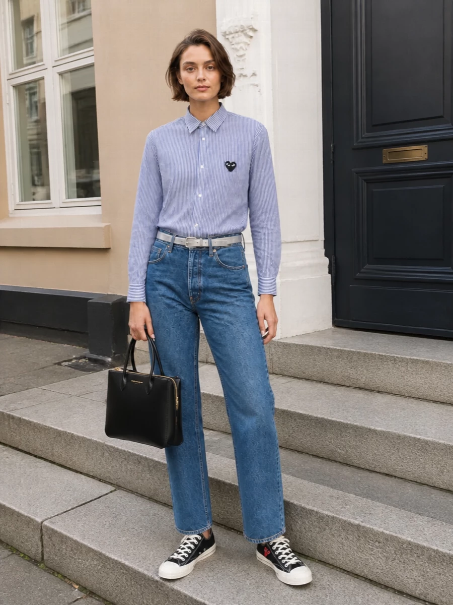 A striped Comme des Garçons shirt meets straight-leg mid-wash denim for a clean, city-ready mix of preppy and street. Grounded by Play low-top sneakers and a structured black top-handle, it reads intentional without feeling dressed up. A slim metallic belt quietly sharpens the waist, keeping the silhouette long and lean.