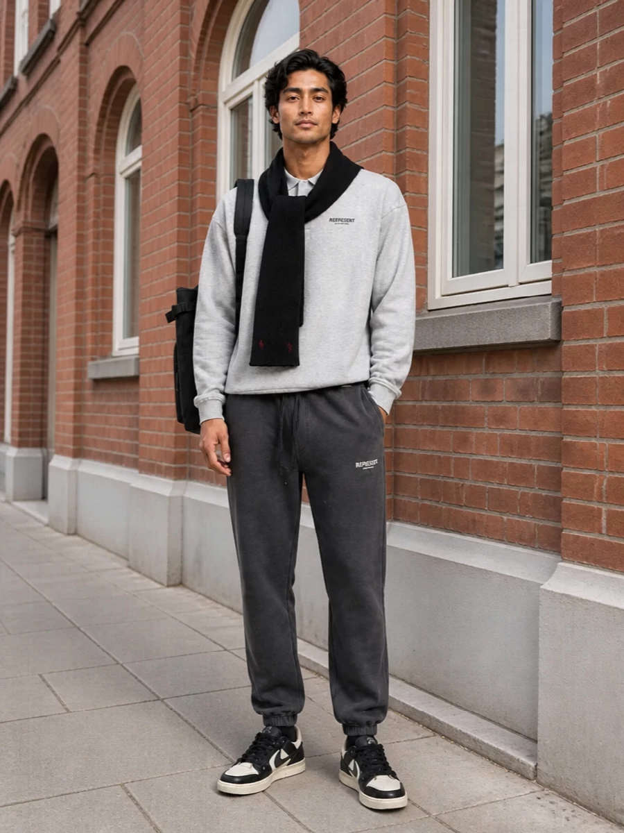 Represent grey polo charcoal joggers sneakers