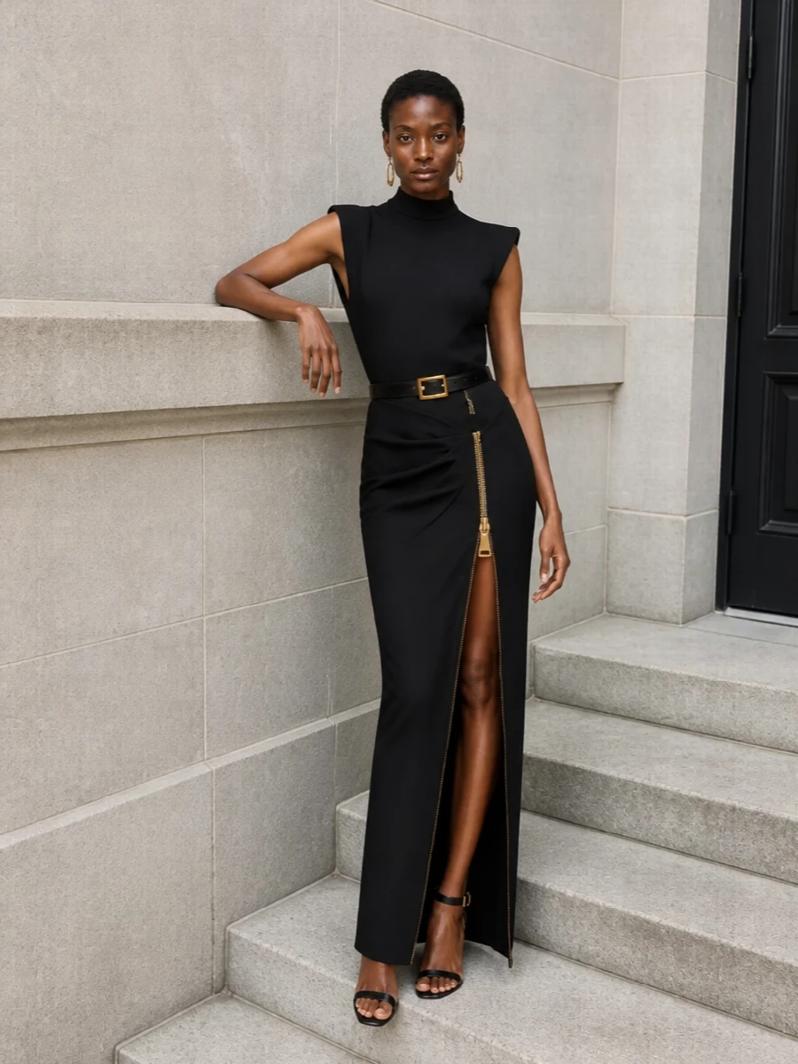 Balmain black evening maxi dress outfit