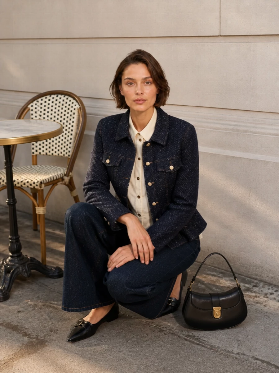 Ganni peplum jacket wide leg jeans outfit