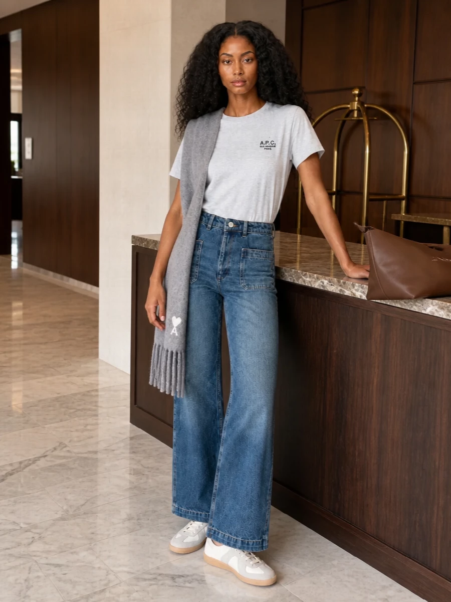 Apc wide leg jeans minimalist grey t shirt