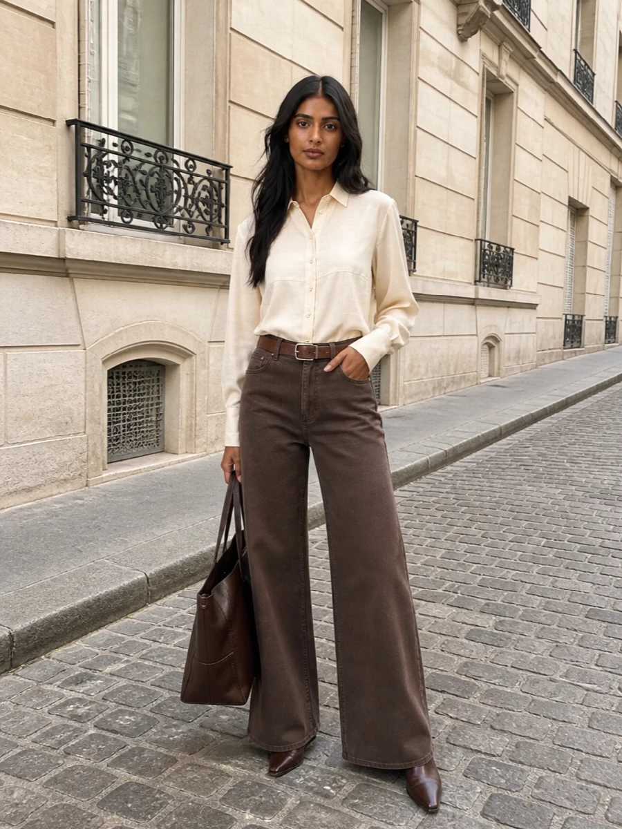 Brunello cucinelli wide leg brown jeans outfit