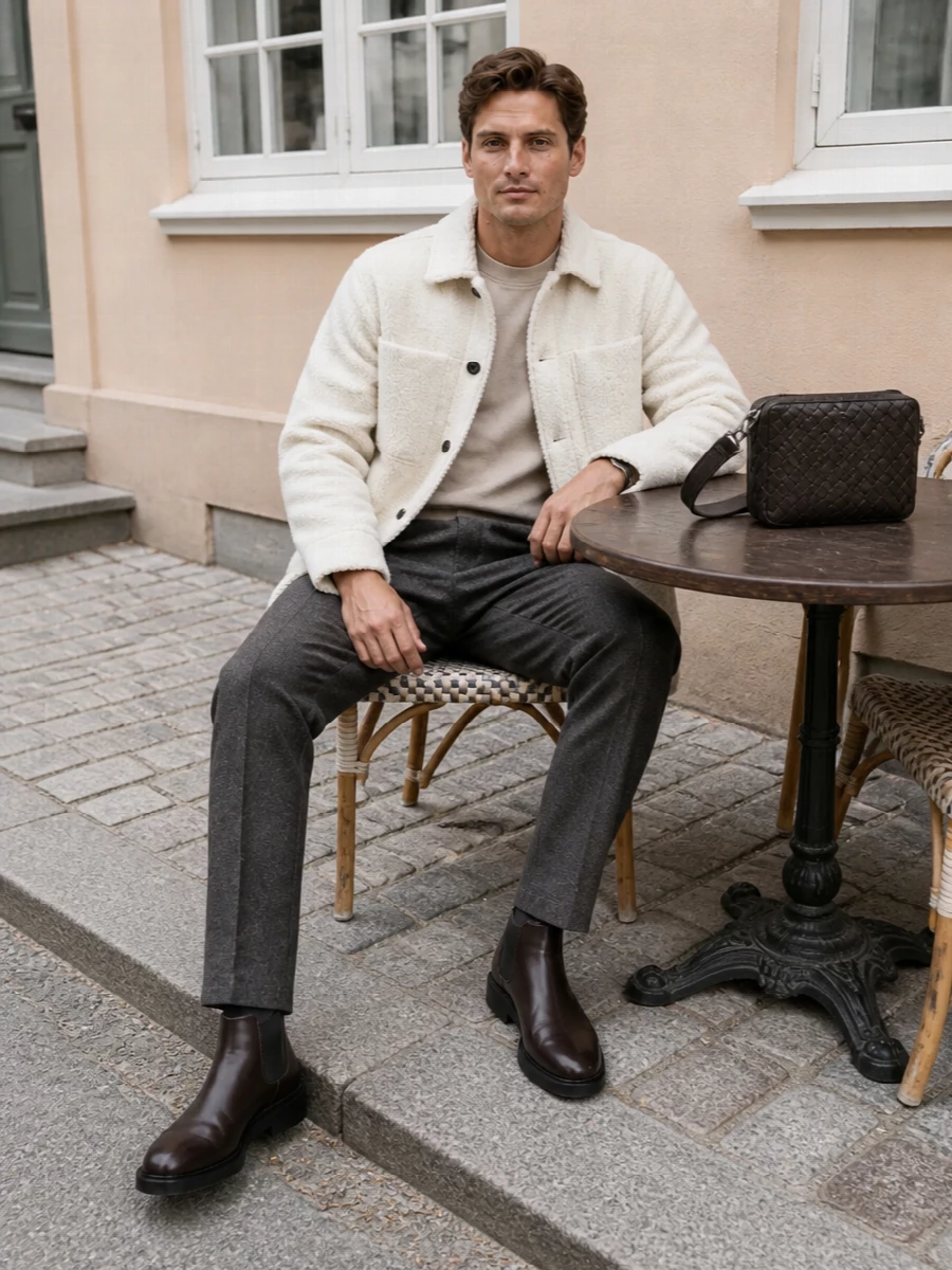 Bottega veneta shearling jacket chelsea boots outfit