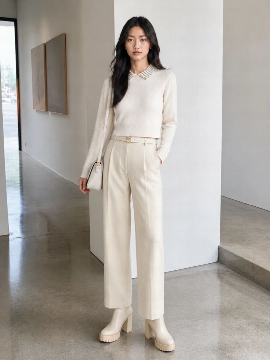 A soft ivory-on-buttercream palette keeps this outfit calm and polished, letting the studded collar and subtle gold touches do the talking. High-rise straight trousers and a clean ankle boot create a long, modern line that feels right for office hours and casual evenings alike. The tonal cross-body and slim belt quietly tie the metals and neutrals together for a neat, feminine finish.