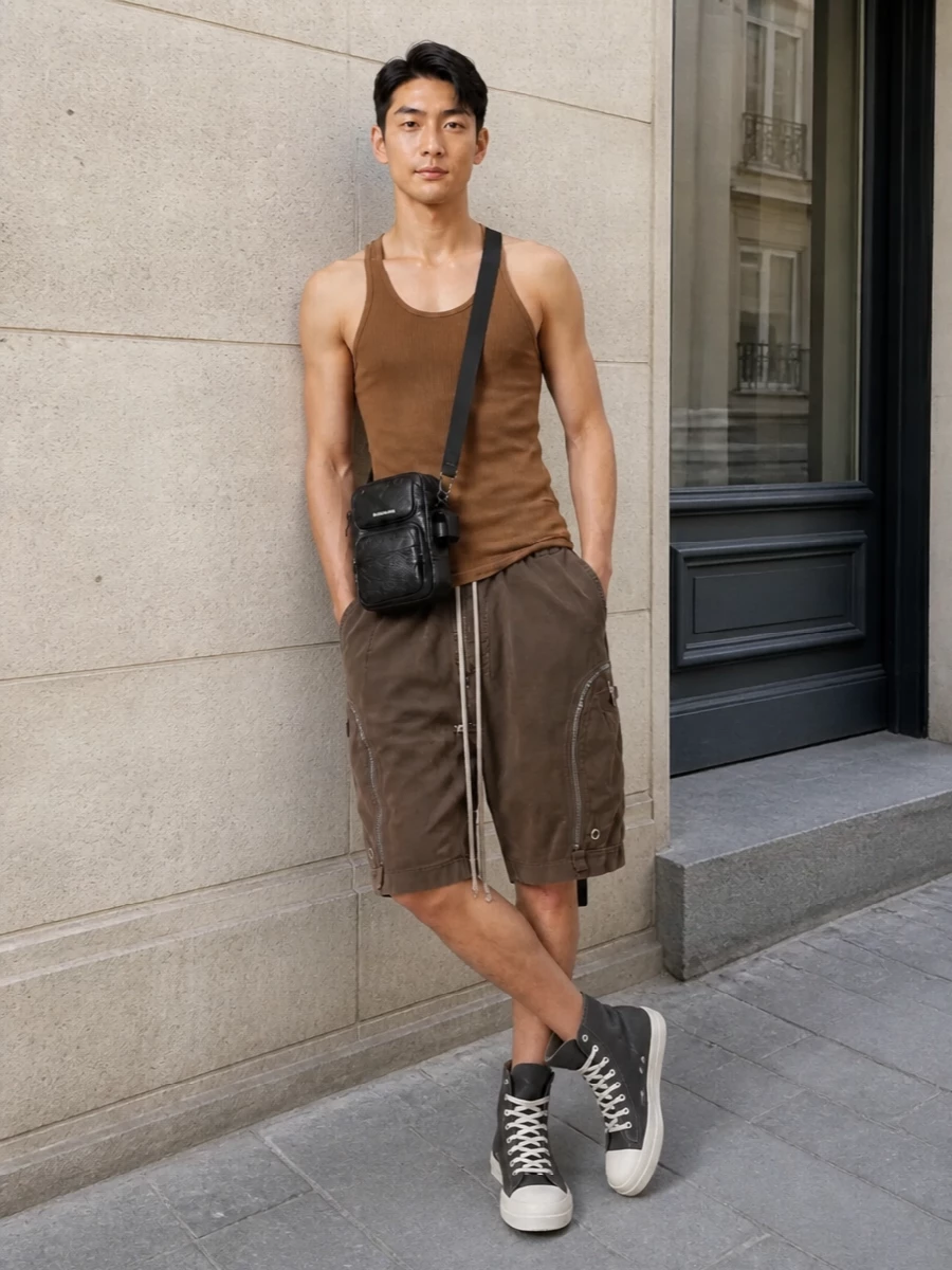 The look centers on the warm brown DRKSHDW racerback tank grounded by washed dark brown longline cargo shorts, creating a cohesive, tonal column with Rick’s signature volume and drawcord detailing. Washed charcoal high-top sneakers with contrast white tooling add a graphic base that still feels soft against the earthy palette, while the compact black crossbody brings a discreet, technical note that keeps everything sharp and city-ready without diluting the minimalist street-utility mood.
