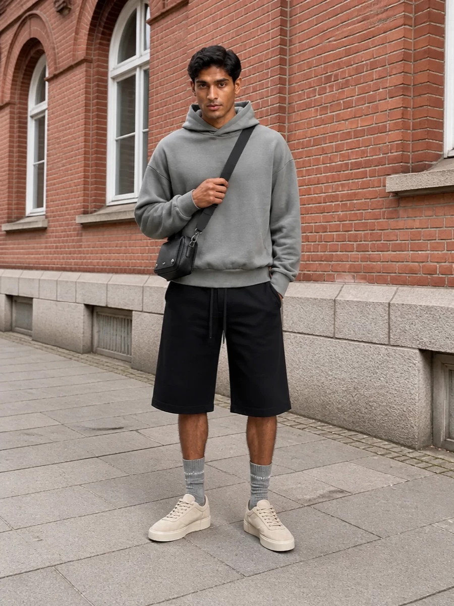 Fear of god shorts stone hoodie suede sneakers