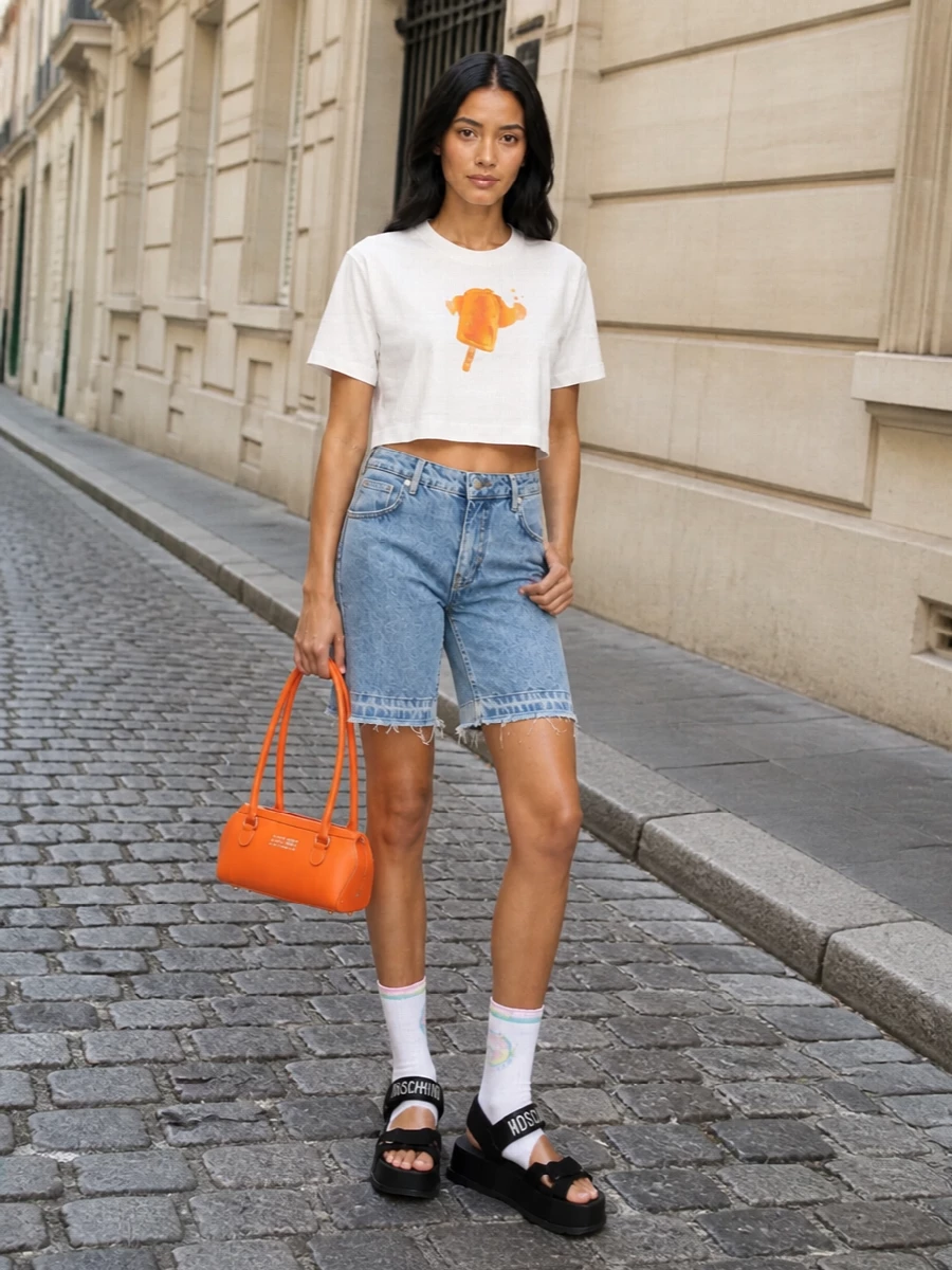 Moschino cropped tee denim shorts streetwear outfit