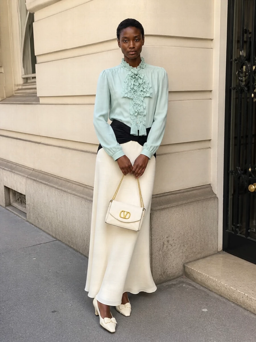 This look pairs the sorbet-mint ruffled Valentino blouse with the cream-and-black fluid maxi for a long, romantic silhouette that feels quietly opulent yet effortless. Buttercream block-heel pumps and a matching structured flap bag keep the palette luminous and refined, letting the blouse’s couture detailing and soft movement take center stage for SS cocktails or elegant dinners.