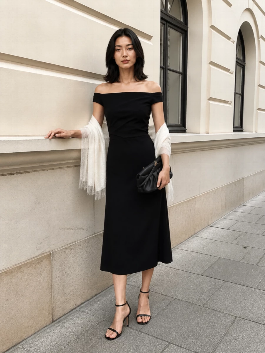 Parosh black off shoulder dress gianvito rossi heels