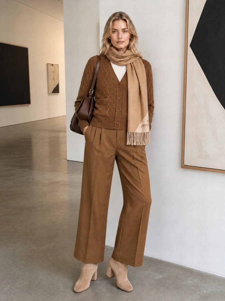 Ami paris camel cardigan wide leg trousers outfit