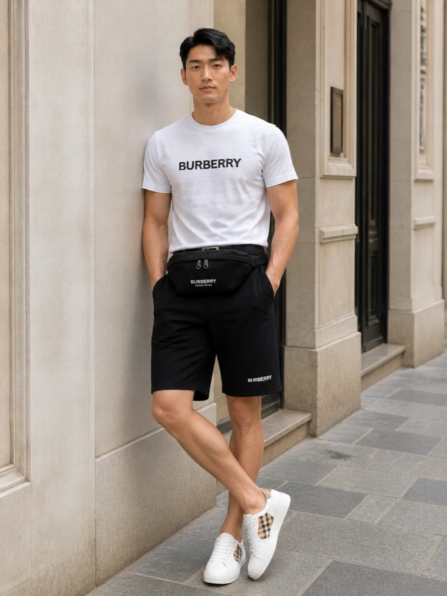 Burberry white t shirt black logo shorts outfit