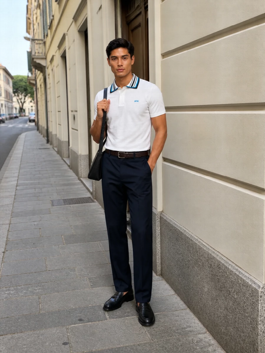 Loewe polo navy trousers black loafers