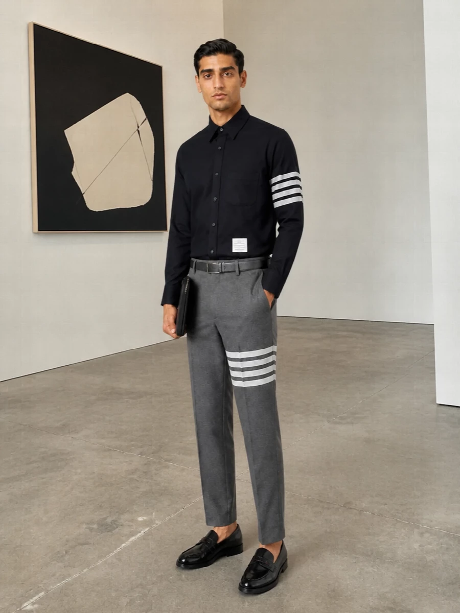 Thom browne navy shirt grey trouser outfit