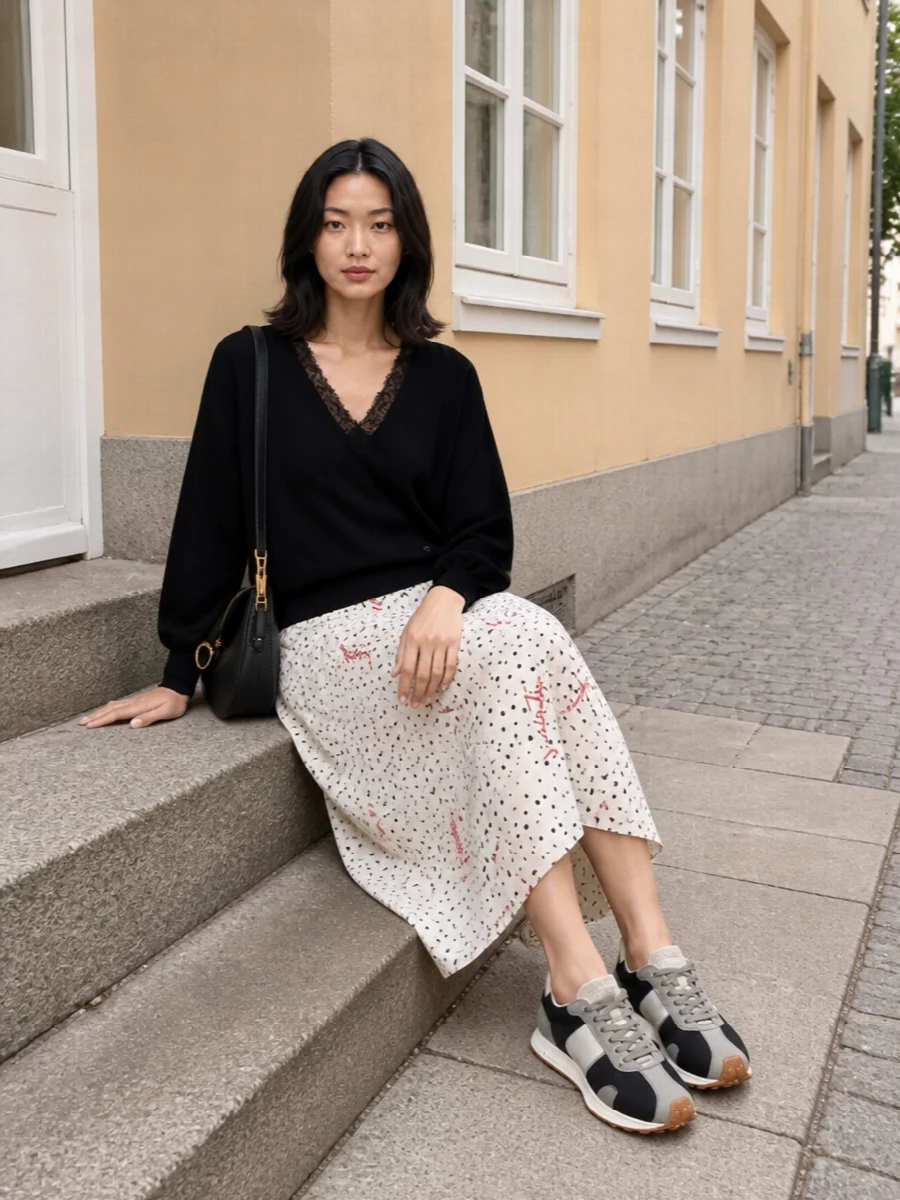 A black lace-trim V-neck meets a softly graphic Valentino midi for a romantic take on dressed-down polish. The pleated skirt lightens the knit’s depth, while retro runners keep the silhouette modern and easy. A sculpted black crescent bag finishes the palette with quiet structure and a hint of gold warmth.