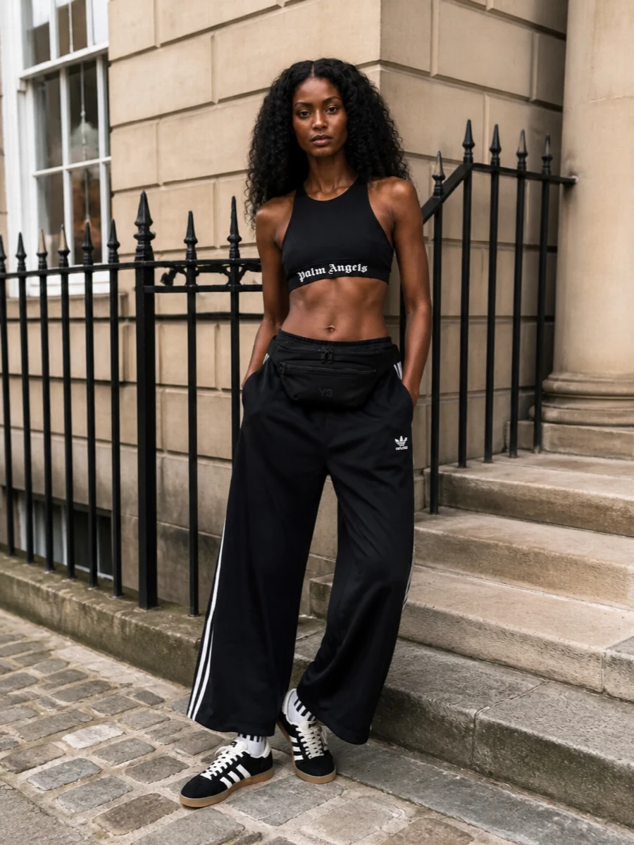 Palm angels bra adidas wide leg track pants outfit