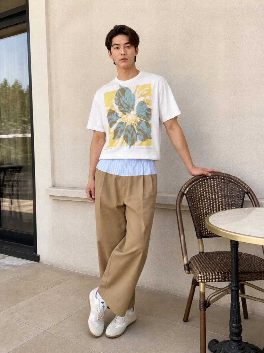 Dries van noten floral tee camel wide leg pants