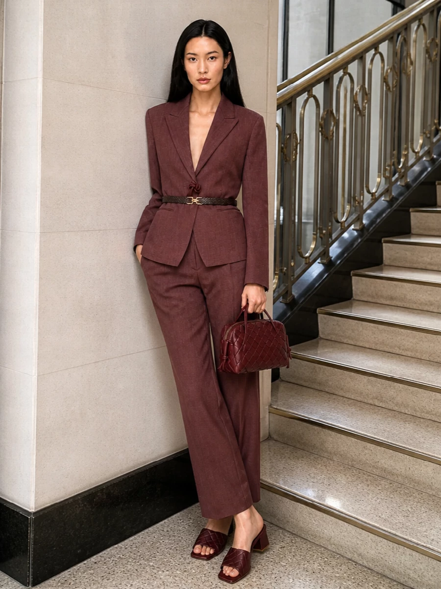 Bottega veneta rosewood pantsuit burgundy mules