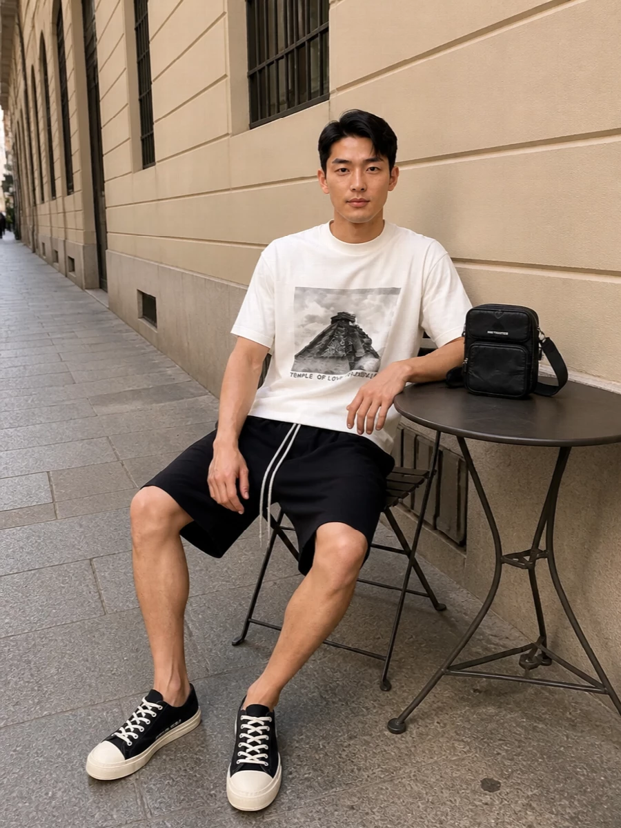 This look leans fully into Rick’s monochrome street uniform: the off-white temple tee sits over black drop-crotch shorts for a relaxed, graphic silhouette that feels airy but grounded. Black-and-eggshell DRKSHDW low-top sneakers echo the tee’s contrast, while a compact black crossbody adds just enough urban practicality without diluting the stark, minimalist mood.