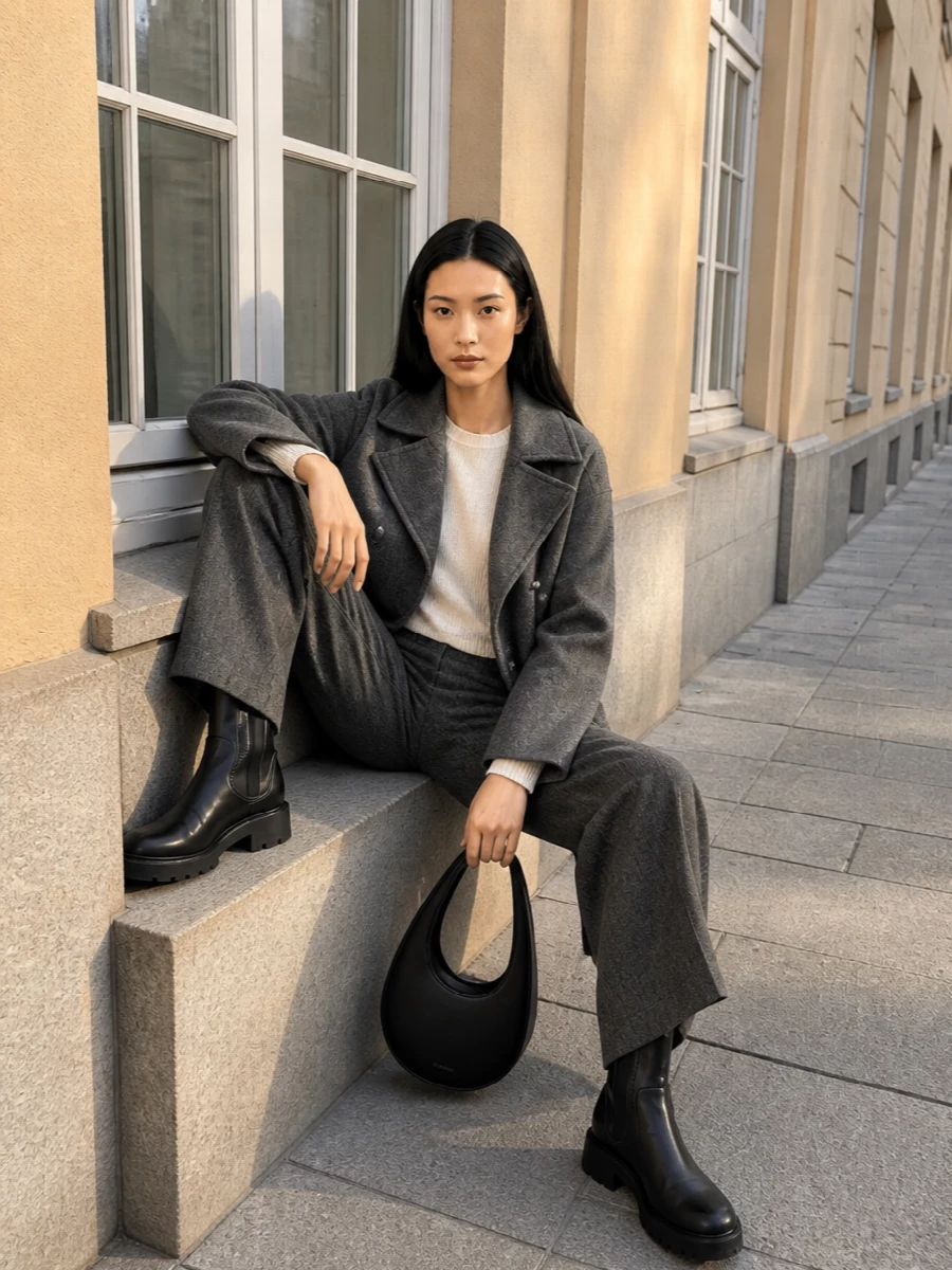 I’m building around the coat’s minimalist, tailored energy, so a knit and trouser route is stronger than a mini dress here, keeping the silhouette long and quietly precise. The cream Ganni knit lightens the greys, while the S Max Mara herringbone wide leg, Ganni knee boots and Coperni shoulder bag deliver a cohesive, modern city uniform that feels relaxed but considered. It is an easy desk-to-dinner combination where every piece speaks the same Scandi-leaning, quiet-luxury language without shouting for attention.