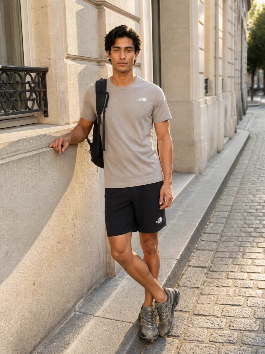 North face beige tee black shorts outfit