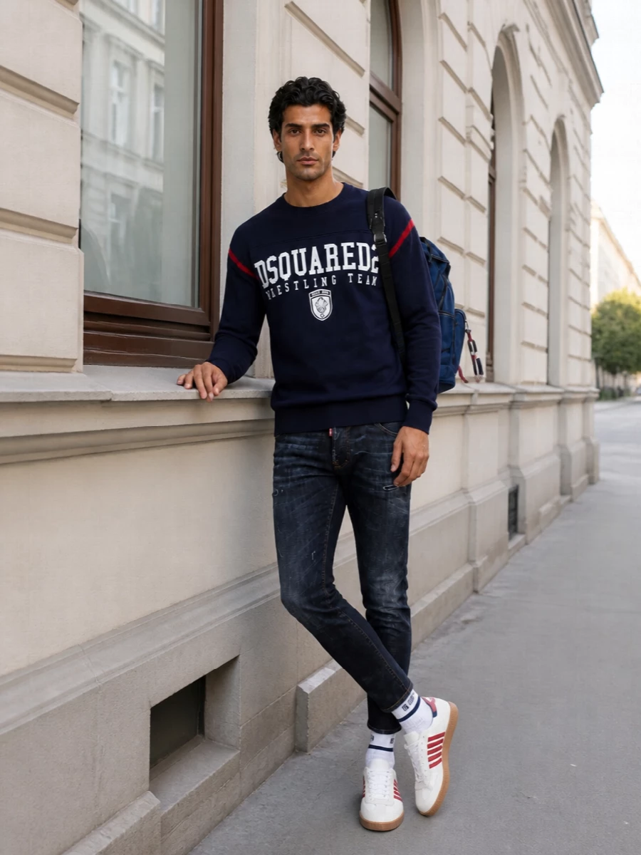 Dsquared2 varsity sweater slim jeans outfit