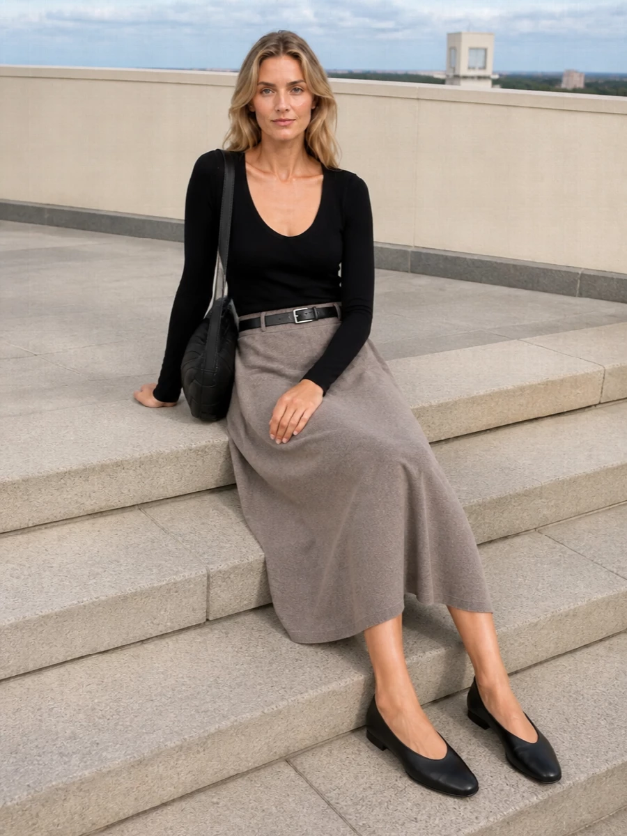 Lisa yang knit top taupe midi skirt outfit