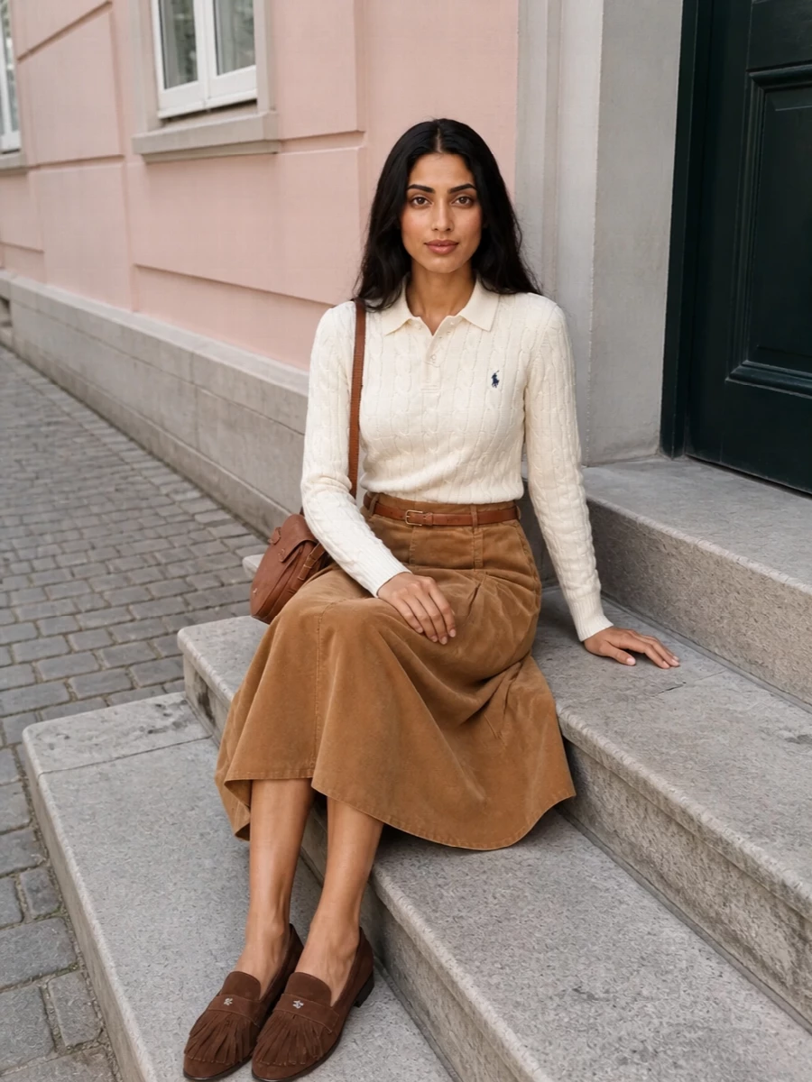 Polo ralph lauren camel midi skirt cream polo