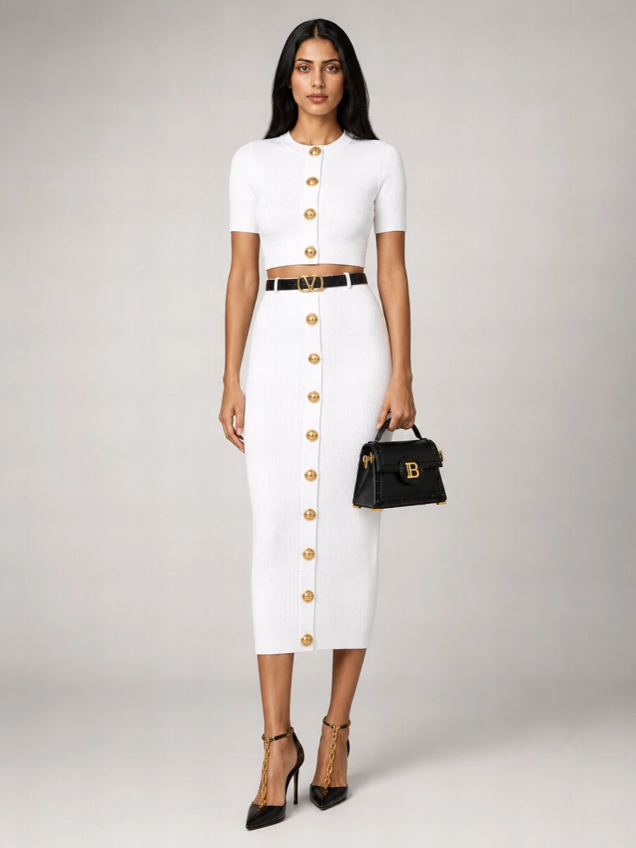 Balmain Viscose Blend Ribbed Twisted Knit Midi Pencil Skirt