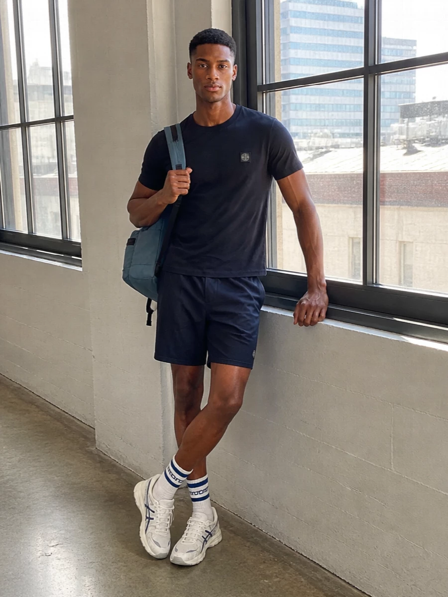 Stone island navy tee outfit with shorts asics