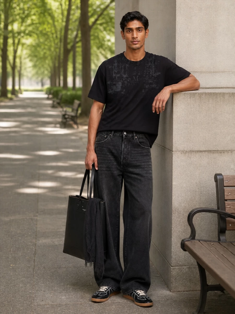 Maison margiela black tee wide leg jeans outfit