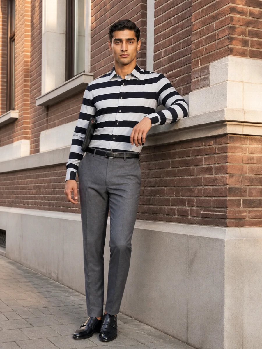 Thom browne striped shirt grey trousers outfit