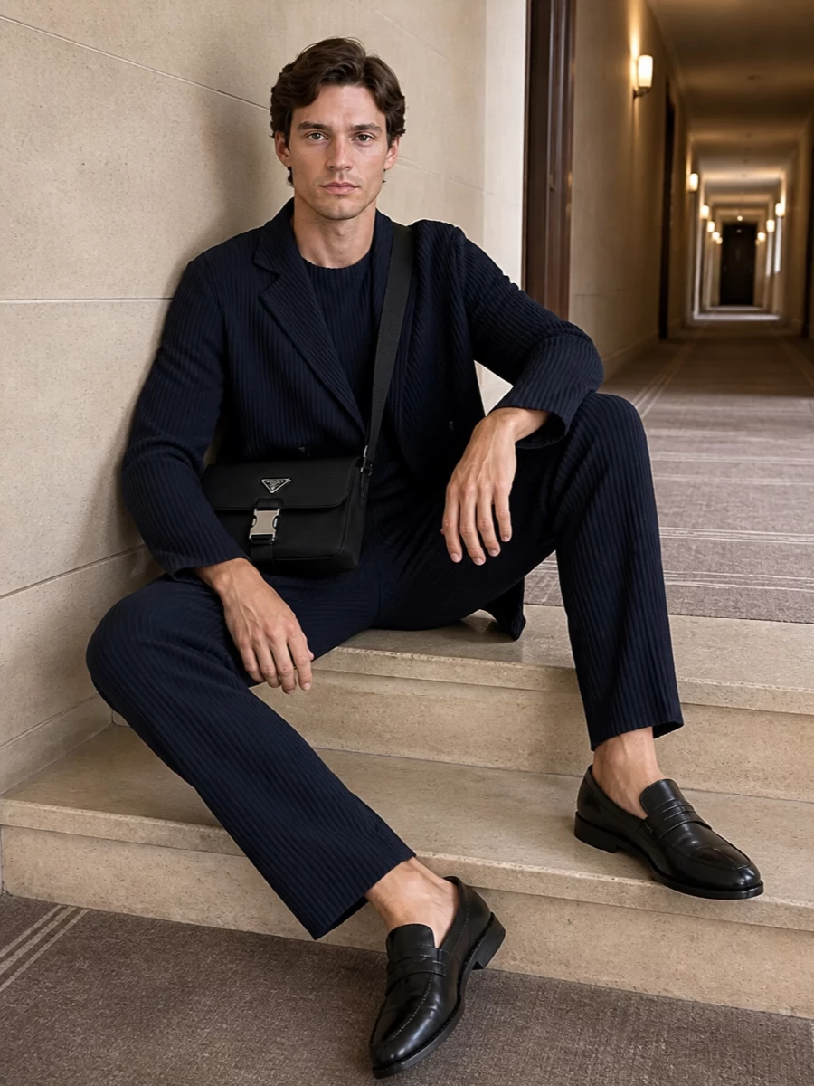 Ink navy pleats run cleanly from shoulder to hem, building a sculptural column that still feels light enough for warm evenings. The split-toe loafer and structured crossbody sharpen the mood, keeping everything rigorously minimal but quietly studied. This is the kind of uniform that moves from exhibition opening to late dinner without ever needing to change tempo.