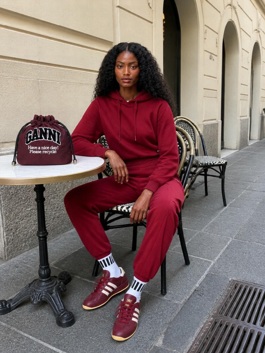 Rotate burgundy hoodie adidas sneakers outfit