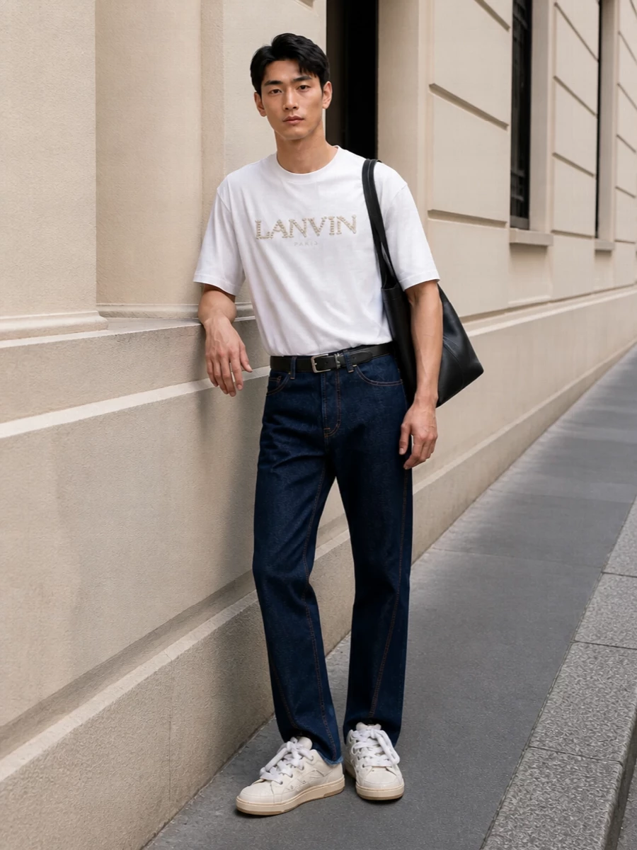 A soft white Lanvin tee sits over dark indigo straight denim for a relaxed, Parisian take on casual dressing that still feels considered. Cream and sand chunky sneakers pick up the tee’s warm logo tones, while a sculptural black Saint Laurent tote and a slim black belt keep the palette sharp and quietly luxurious. The proportions stay clean and regular throughout, so the texture and subtle branding do the work rather than any loud detailing.