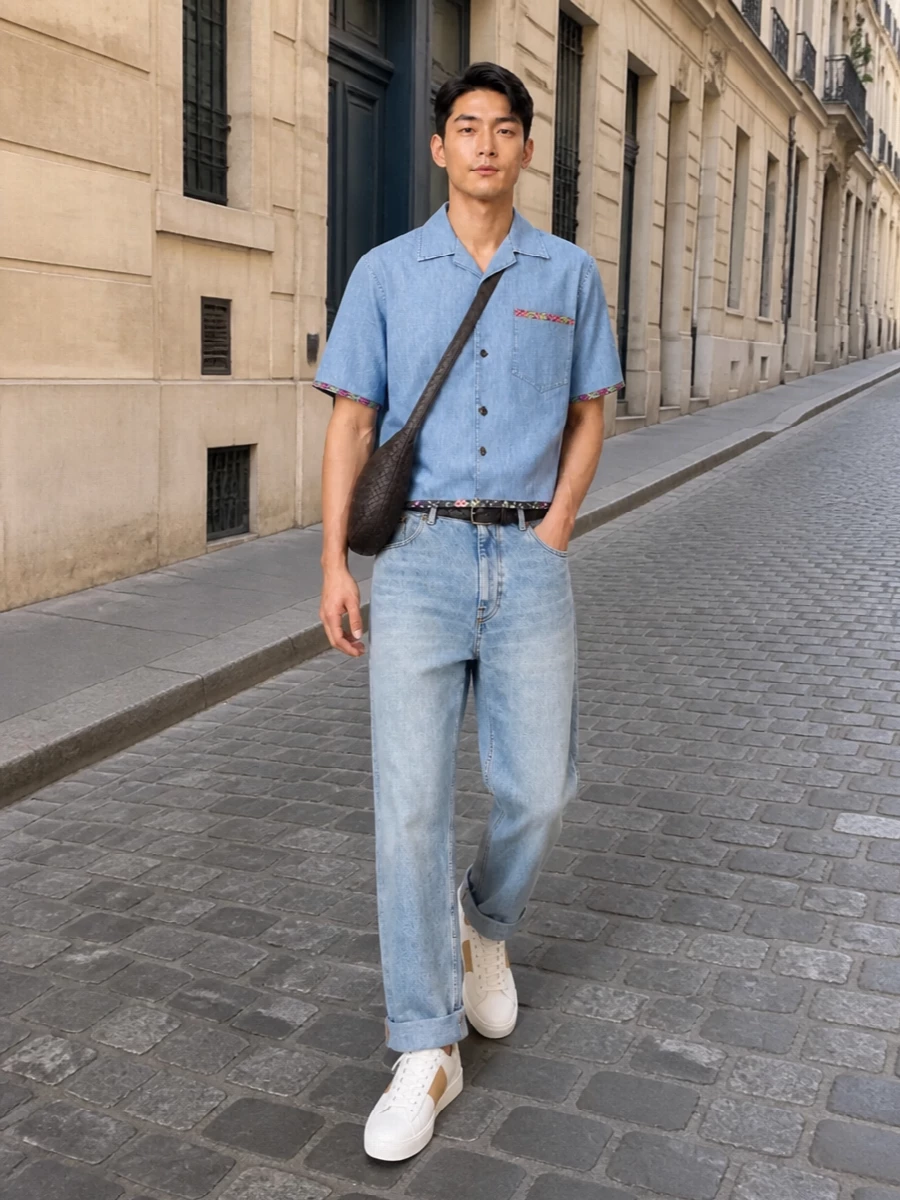 Light-wash Valentino denim is paired with a relaxed, light-denim camp-collar shirt for an easy SS take on double denim that still feels polished and intentional. Soft-white sneakers with a sand band keep the palette airy and refined, while the espresso crescent crossbody and a quiet black belt add subtle depth and structure that underline the outfit’s quiet-luxury attitude rather than distract from it. The result is a clean, modern off-duty uniform that moves effortlessly from daytime city wandering to understated evening plans.